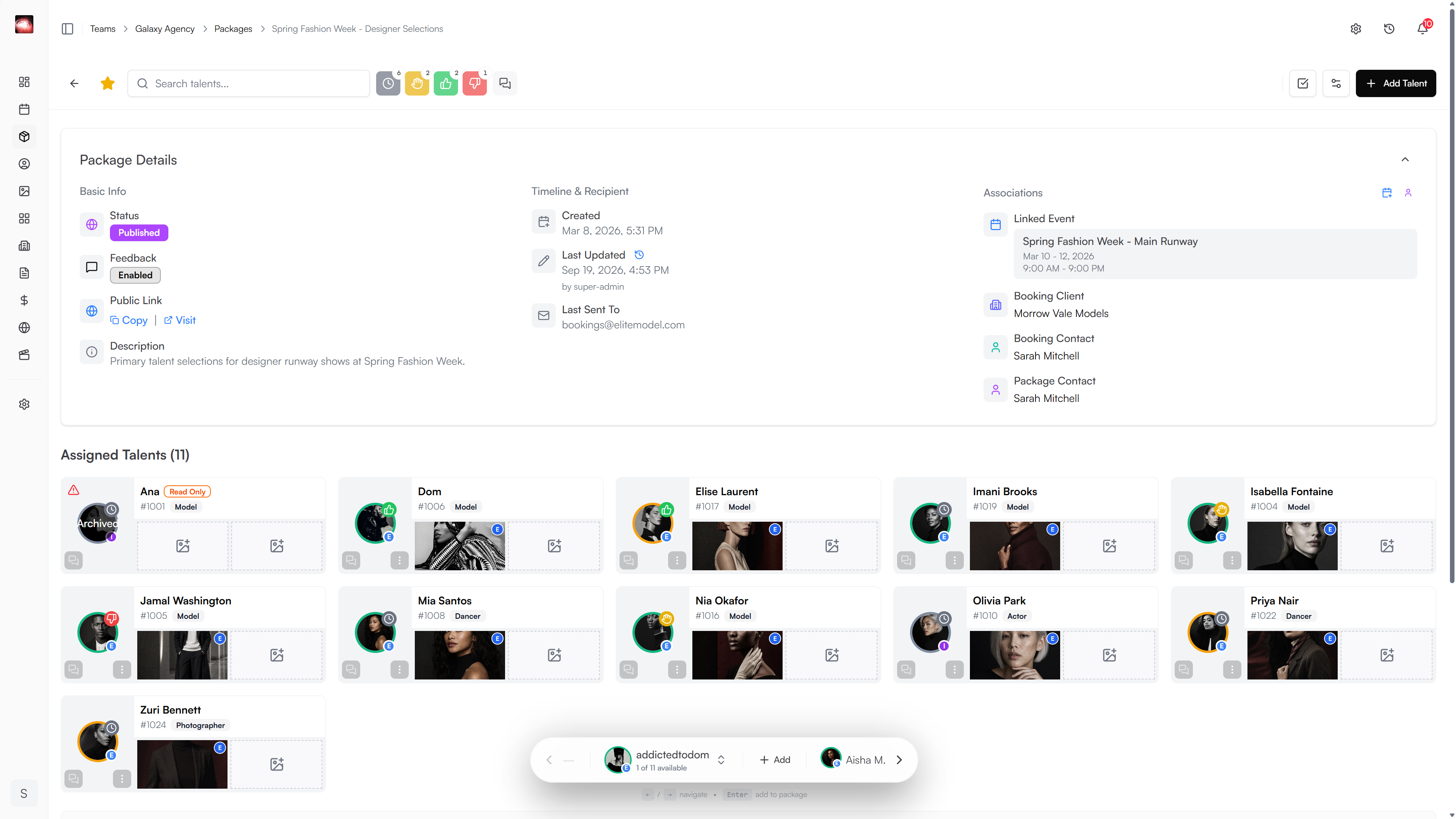NowRep Package details showing publication status, feedback enabled, public link, linked event, contacts, and assigned talent