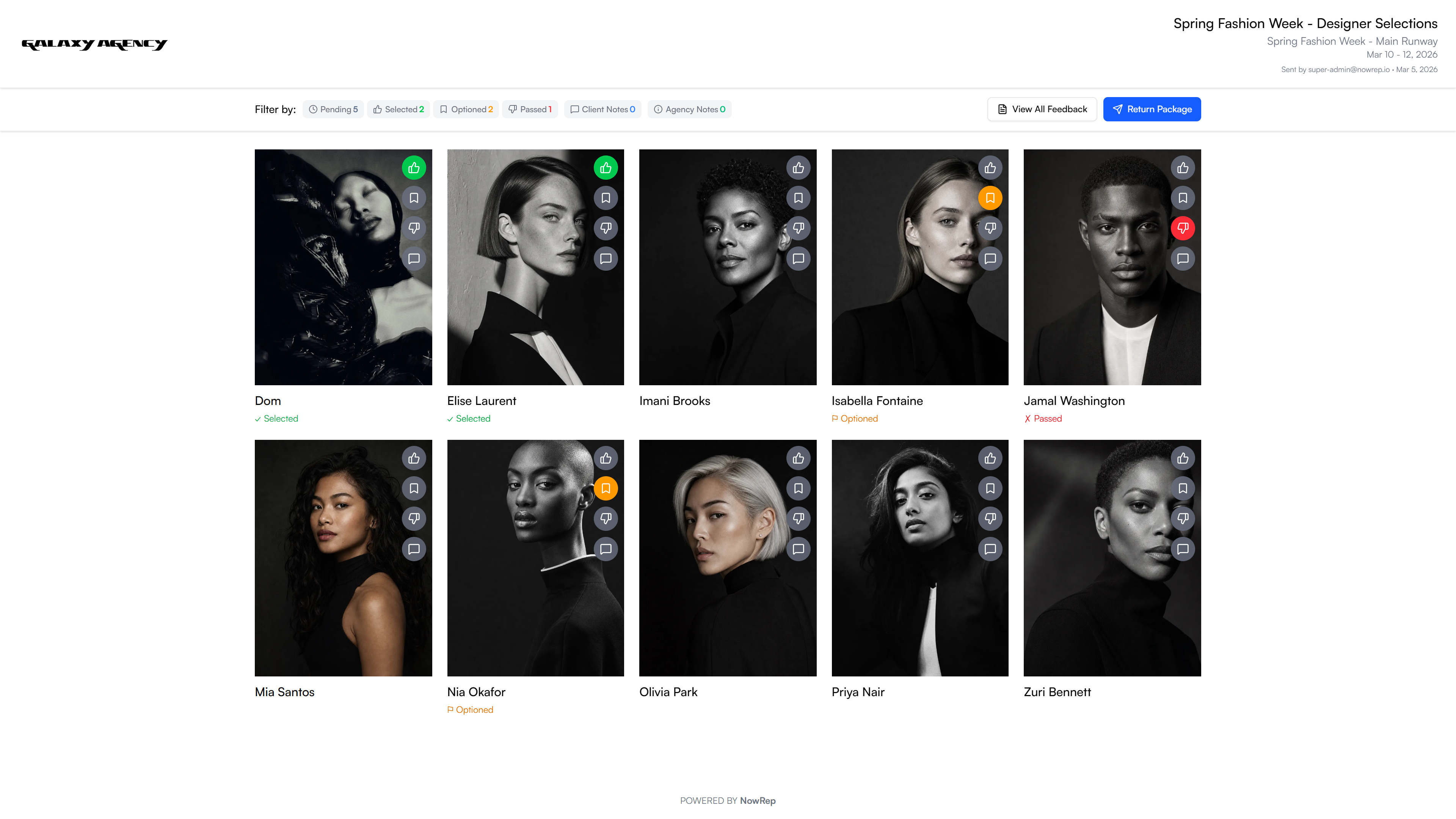 NowRep public Package showing talent portraits, feedback filters, and Selected, Optioned, and Passed decisions