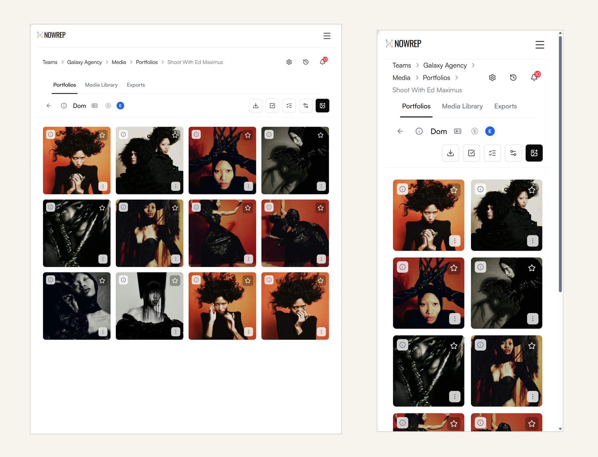 Dom’s Shoot with Ed Maximus portfolio shown side by side on tablet and phone, with responsive media grids and toolbar controls