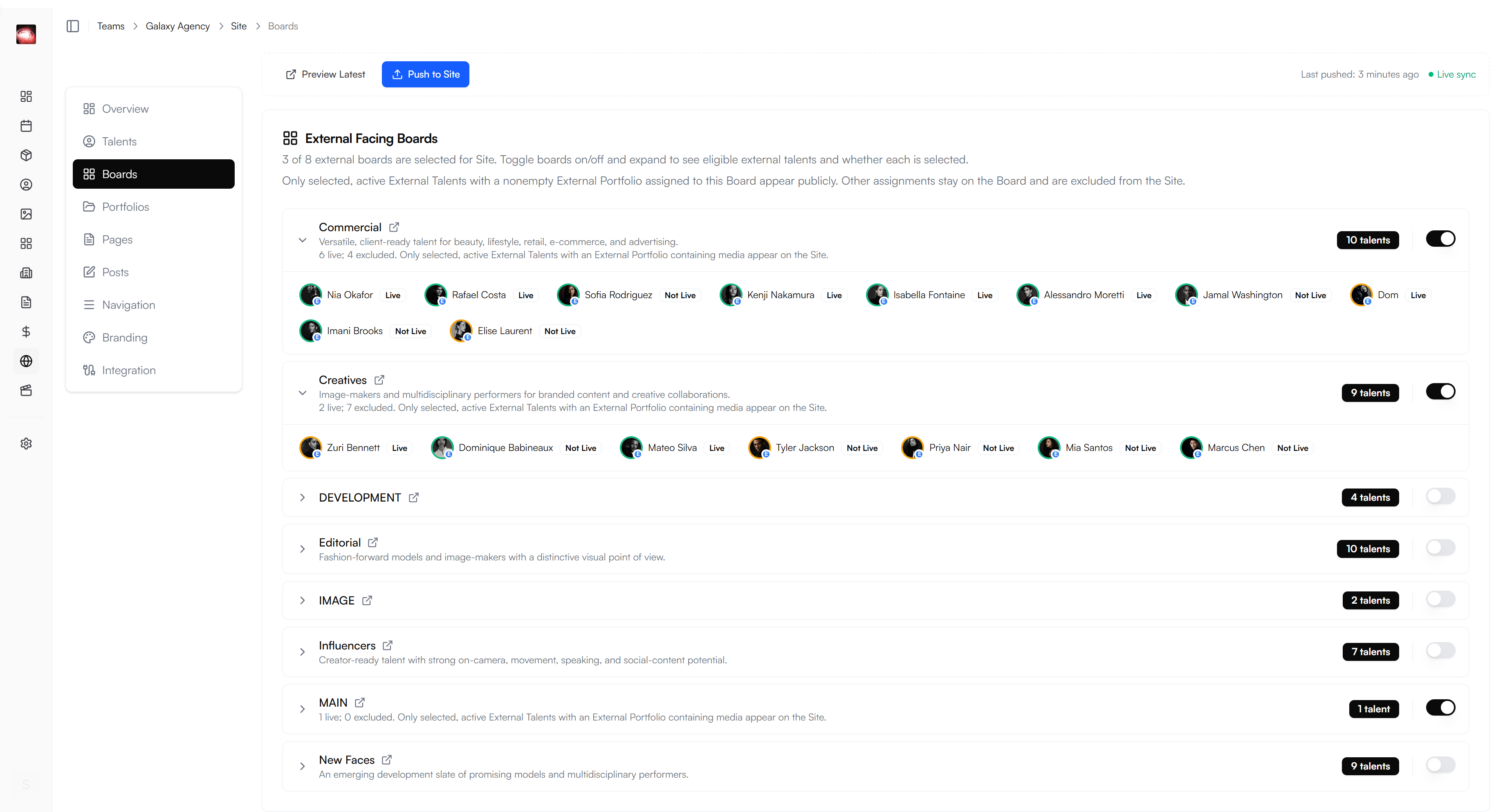 NowRep Site > Boards panel listing external Boards with selected counts, live status, and push controls
