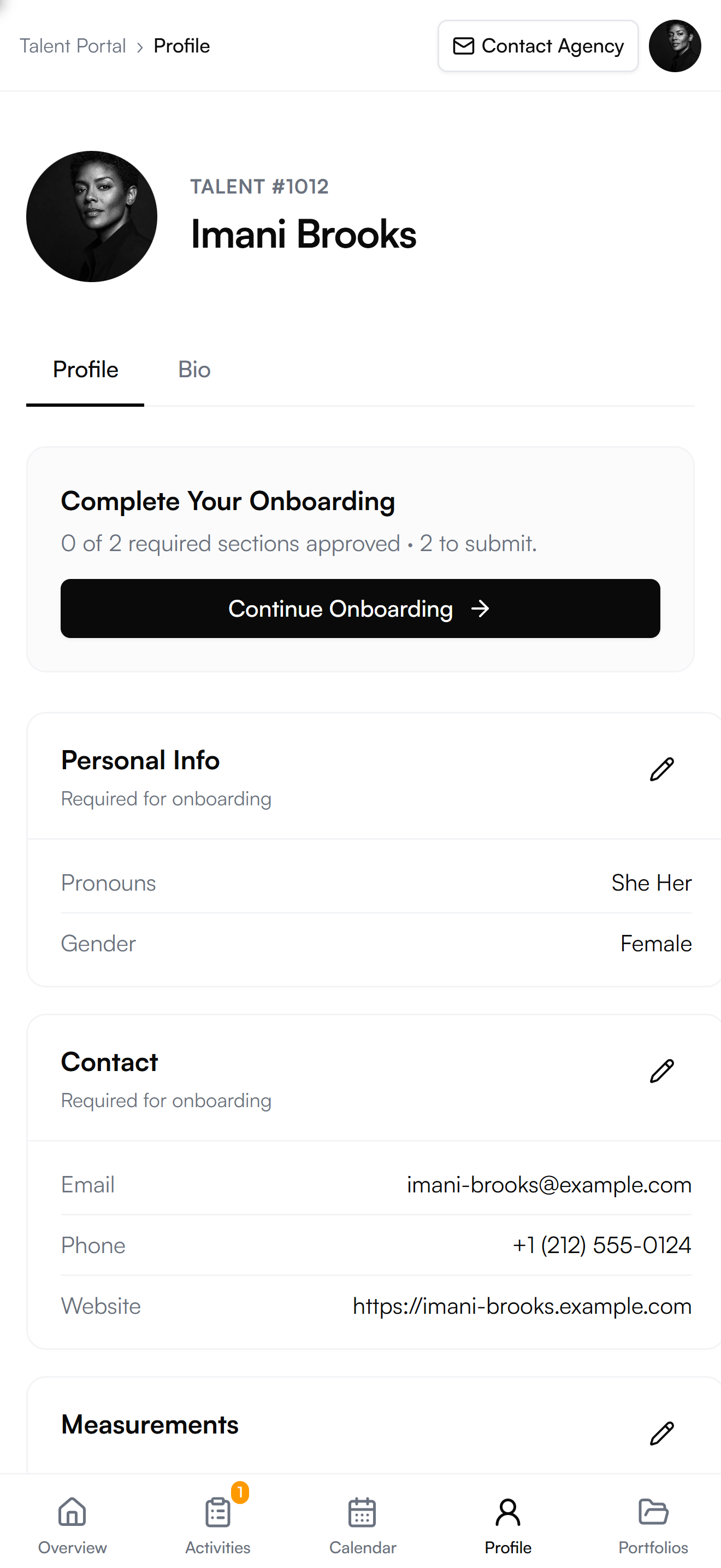 Talent Portal profile with onboarding progress and editable profile sections