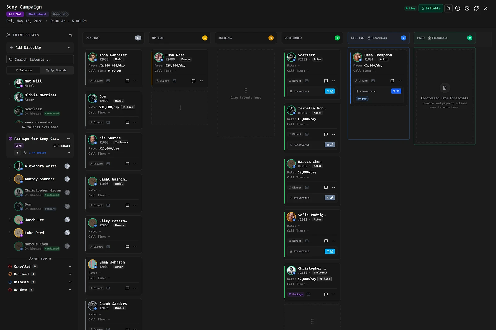 Booking Board showing talent status, availability, and billing context