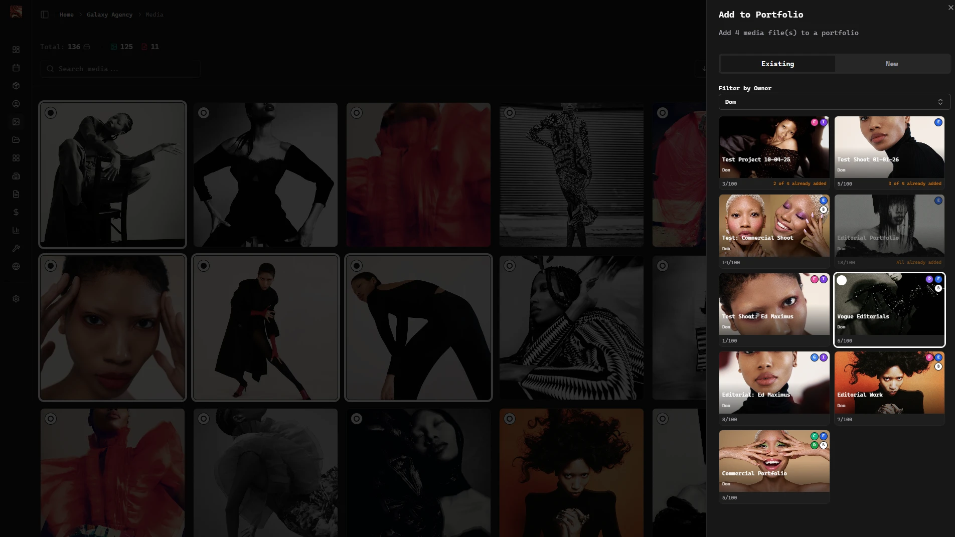 Media Library with selected talent media ready to add to a portfolio