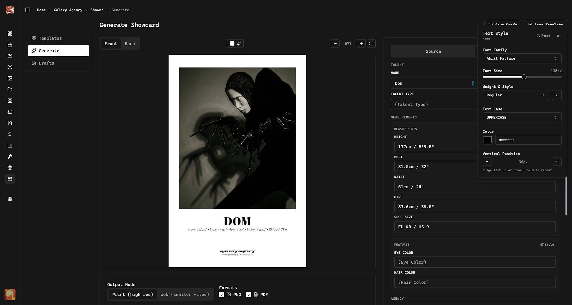 Showmo showcard generator with live preview and styling controls