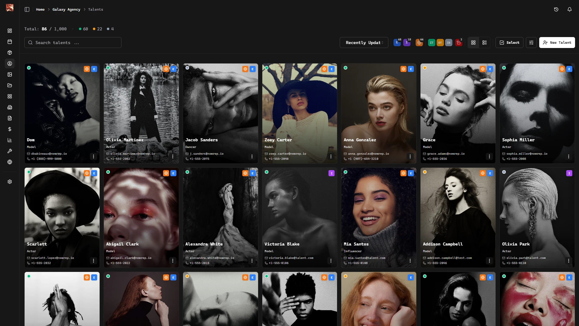 Talent Module with searchable cards and visibility status