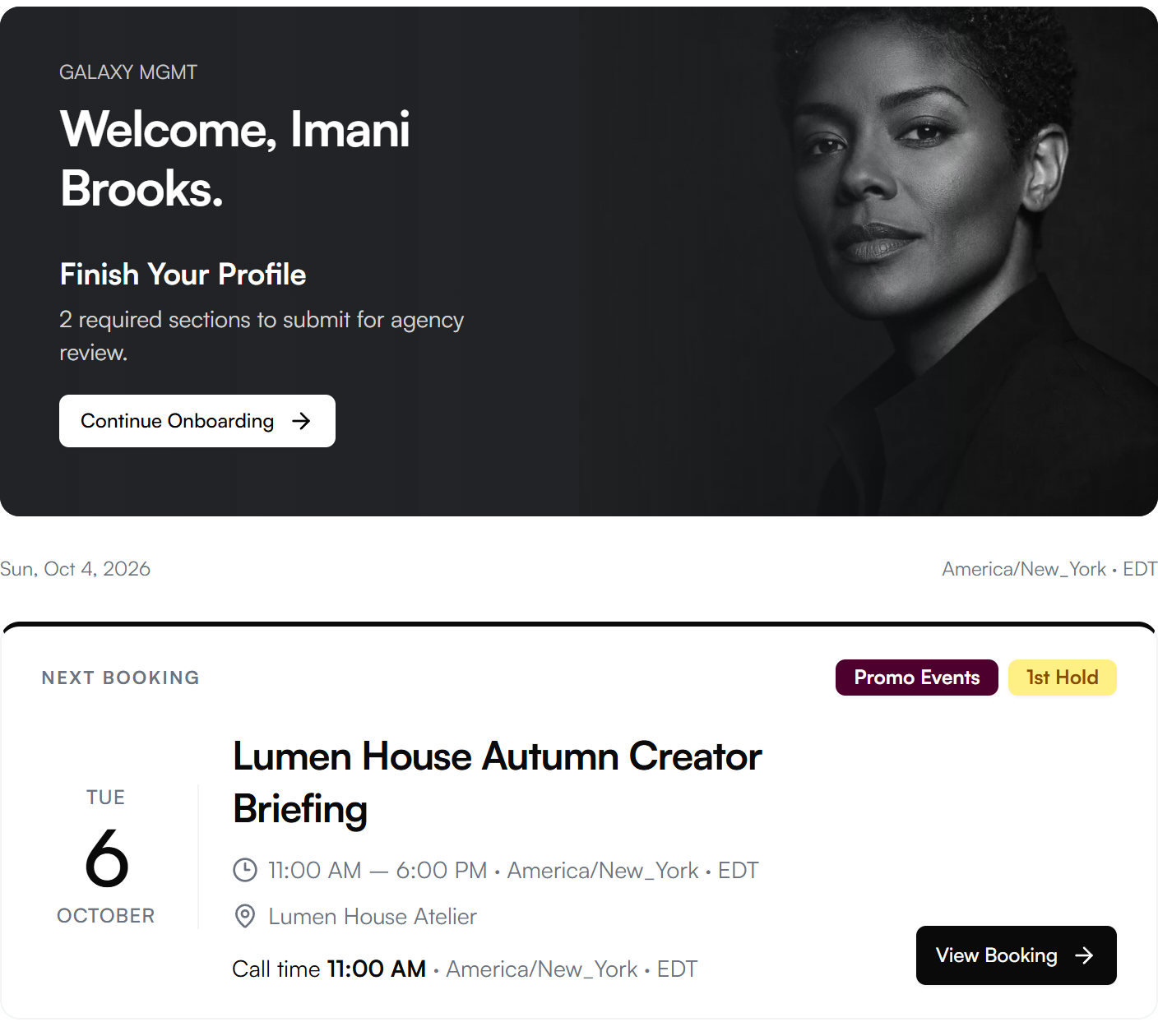 Imani's Talent Portal overview on a tablet, showing onboarding progress and her next booking